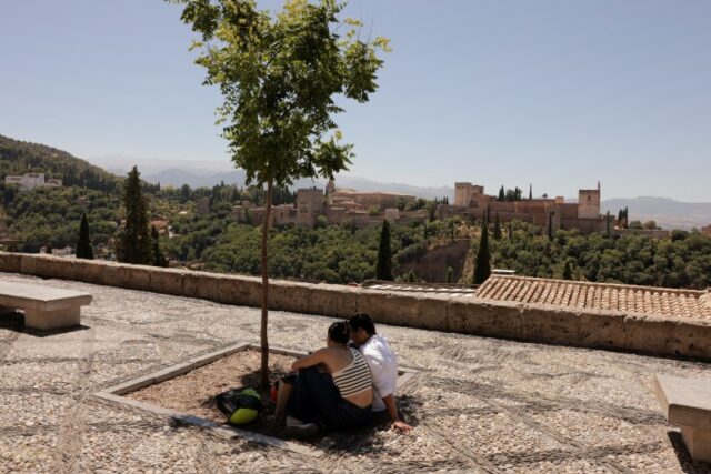 As pessoas sentam-se enquanto se escondem do forte sol do meio-dia sob a sombra de uma árvore, 