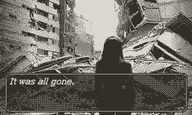Uma imagem de Echoes of the Emergent mostrando uma garota (vista de trás) olhando para edifícios em ruínas.  O texto diz: Tudo se foi