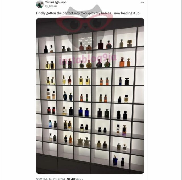 Timini Egbuson mostra sua coleção de perfumes.