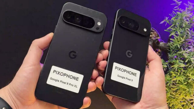 Dois supostos protótipos do Pixel 9 XL (esquerda) e do Pixel 9 em mãos.  Fundo roxo e verde.