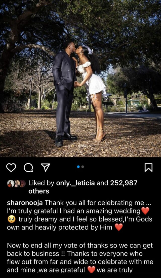 Sharon Ooja agradece a todos que compareceram ao seu casamento.