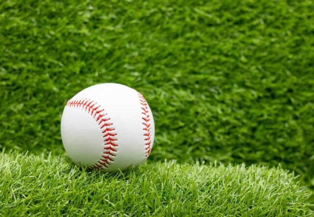 O beisebol está no fundo da grama verde