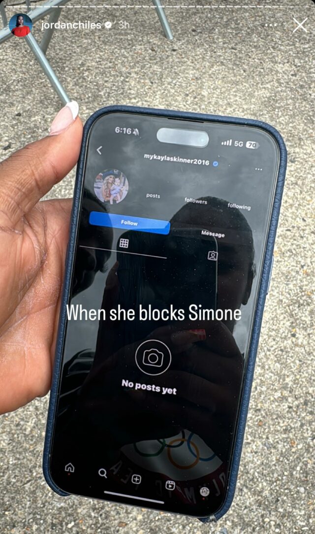 Jordan Chiles compartilha evidências de MyKayla Skinner bloqueando Simone Biles no Instagram
