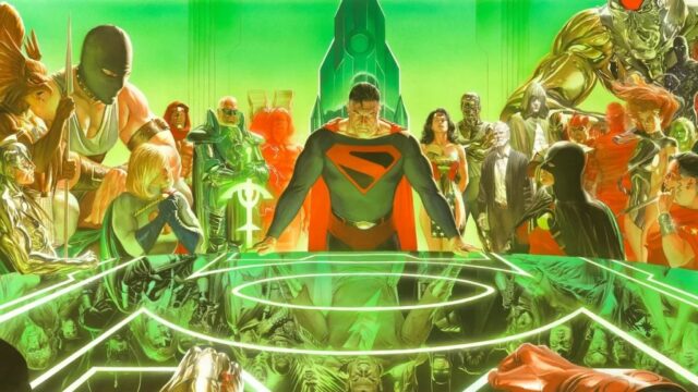 Ilustração mostrando um panteão de super-heróis ao redor de uma mesa, com outros personagens no reflexo.  Superman está à mesa, parecendo imponente.