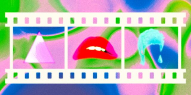 Um rolo de filme ilustrado com um triângulo rosa, lábios de Rocky Horror e muito mais