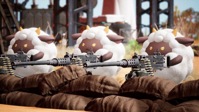 Criaturas parecidas com ovelhas no jogo Palworld seguram metralhadoras enquanto se escondem atrás de sacos de areia.  Ambiente ao ar livre.