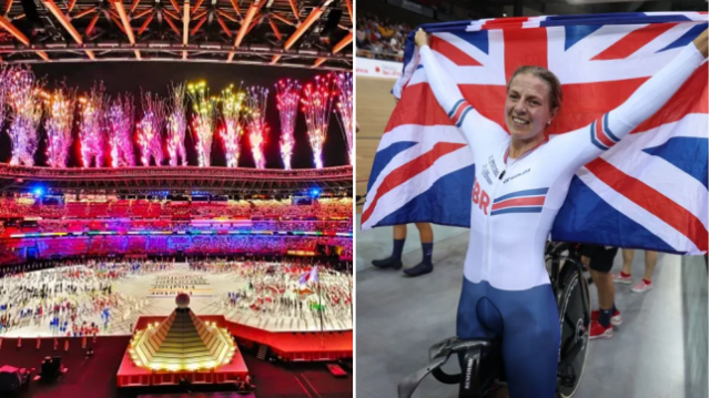 Uma imagem de compilação de uma cerimônia de abertura olímpica da ciclista britânica Neah Evans segurando uma Union Jack atrás dela