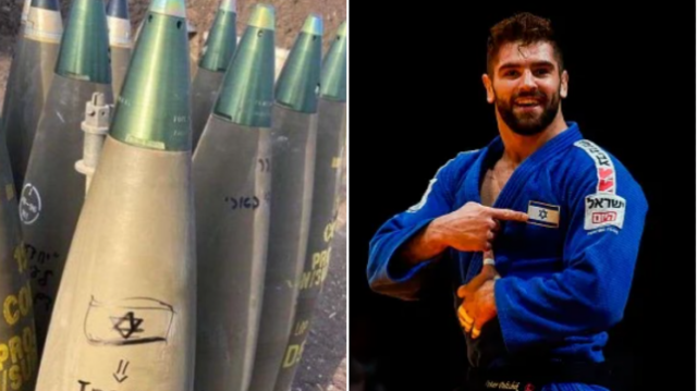 O porta-bandeira de Israel, Peter Paltchik, ao lado da polêmica foto que postou nas redes sociais de armas assinadas