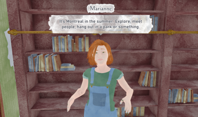 Captura de tela de um jogo chamado Été.  Uma pessoa e uma estante atrás deles são retratadas em estilo aquarela.  Leituras de bolhas de texto 