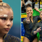 A ginasta brasileira Flávia Saraiva sofreu um corte feio acima do olho após cair no aquecimento