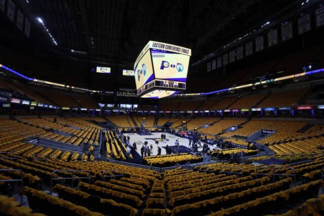 INDIANÁPOLIS, INDIAN - 25 DE MAIO: Uma visão detalhada da arena antes do terceiro jogo das finais da Conferência Leste entre o Boston Celtics e o Indiana Pacers no Gainbridge Fieldhouse em 25 de maio de 2024 em Indianápolis, Indiana.  NOTA AO USUÁRIO: O Usuário reconhece e concorda expressamente que, ao baixar e/ou usar esta fotografia, o Usuário está concordando com os termos e condições do Contrato de Licença da Getty Images.