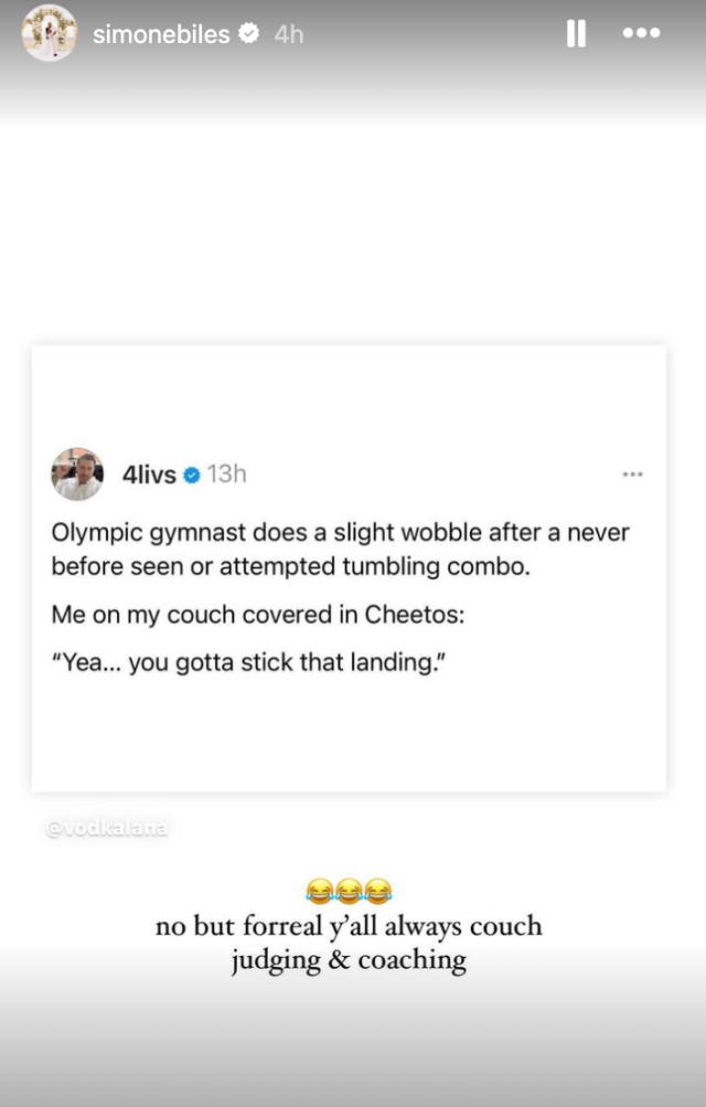 Simone Biles chama os juízes treinadores nas histórias do Instagram