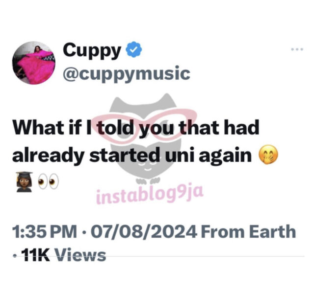 Dj Cuppy anuncia decisão de voltar a estudar para cursar o quarto grau.