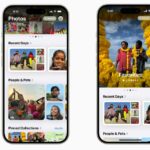 Dois iPhones mostrando visualizações diferentes do aplicativo iOS 18 Photos revisado.  Fundo branco.