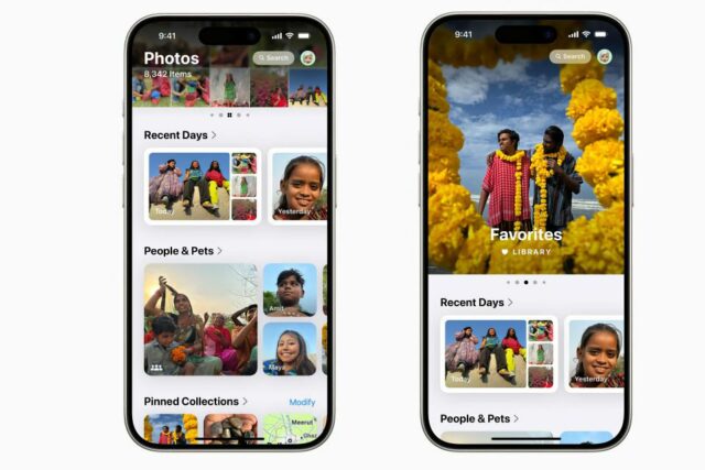 Dois iPhones mostrando visualizações diferentes do aplicativo iOS 18 Photos revisado.  Fundo branco.