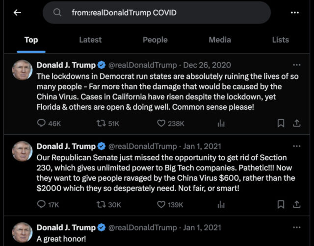 Uma captura de tela dos tweets de Donald Trump.