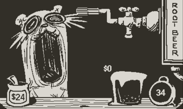 Uma imagem do jogo Root Bear mostrando uma ilustração extrema de um urso gritando enquanto o root bear transborda um copo na mesa