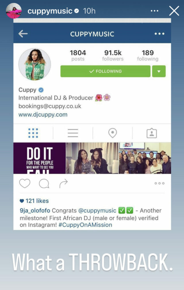 Dj Cuppy comemora 8 anos sendo verificado no Instagram.