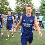 Martin Odegaard do Arsenal durante uma sessão de treinamento no Subaru Park em 30 de julho de 2024 em Chester, Pensilvânia