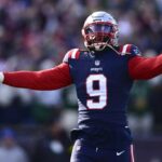 FOXBOROUGH, MA - 20 DE NOVEMBRO: Matthew Judon # 9 do New England Patriots reage durante um jogo contra o New York Jets no Gillette Stadium em 20 de novembro de 2022 em Foxborough, Massachusetts.