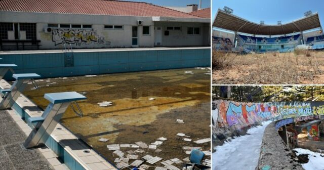 Uma colagem de instalações olímpicas abandonadas.