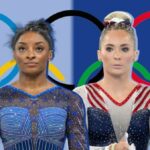 Uma colagem de Simone Biles e MyKayla Skinner em collant com os anéis olímpicos atrás delas.