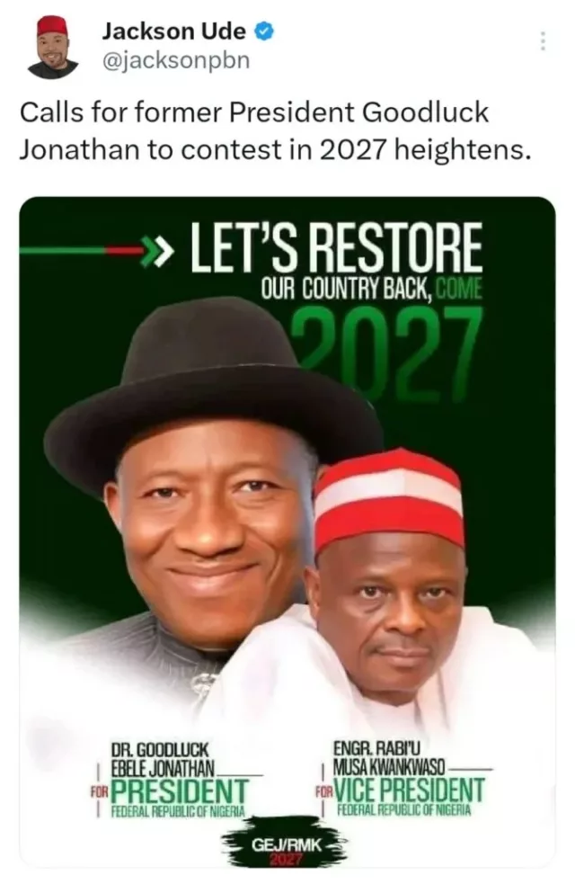     Pôster da campanha presidencial de 2027 de Goodluck Jonathan 