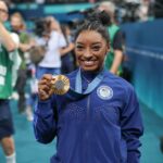 Simone Biles (1ª) Final feminina da Ginástica dos Jogos Olímpicos de Paris 2024 na Arena Bercy em 1º de agosto de 2024.