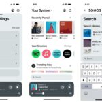 Matriz de captura de tela de três painéis mostrando o redesenho 2024 do aplicativo Sonos.