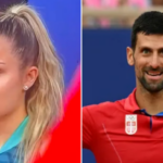 Uma foto de uma bola olímpica olhando para Novak Djokovic, ao lado de uma segunda imagem do tenista sérvio com um grande sorriso