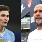 Julian Alvarez, atacante do Manchester City, e Pep Guardiola, técnico do Etihad