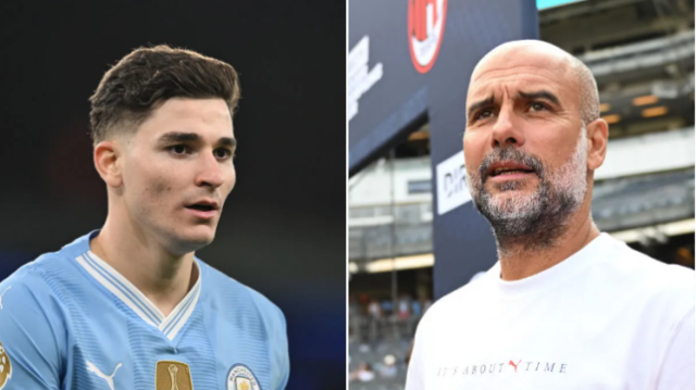 Julian Alvarez, atacante do Manchester City, e Pep Guardiola, técnico do Etihad