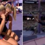 A saltadora com vara da equipe britânica Holly Bradshaw reage ao golpe olímpico