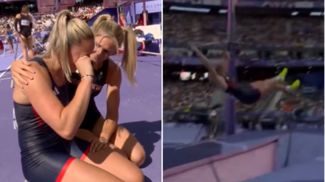 A saltadora com vara da equipe britânica Holly Bradshaw reage ao golpe olímpico