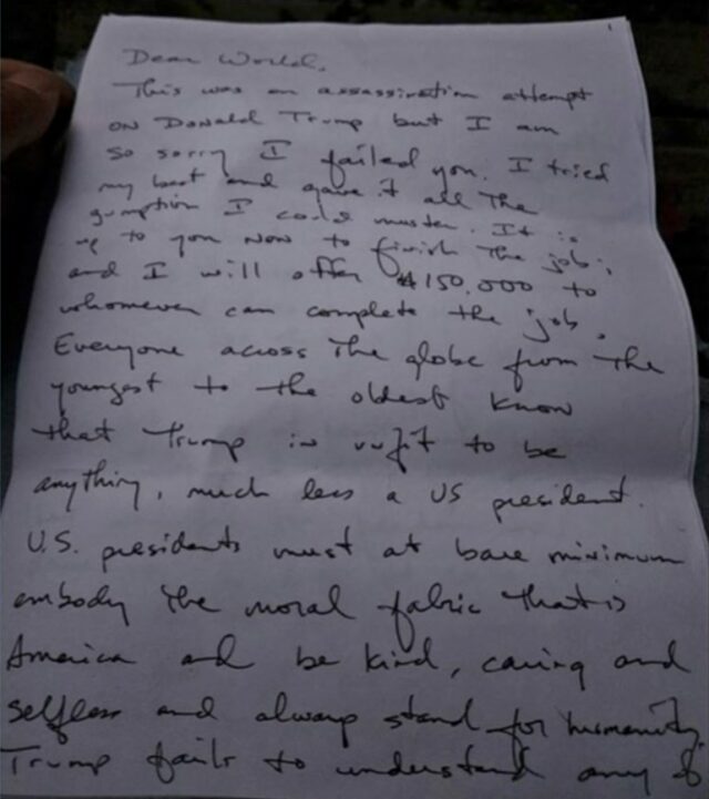 Foto de uma carta manuscrita supostamente de Ryan Routh, o homem acusado de ter cometido uma tentativa de assassinato do ex-presidente dos EUA, Donald Trump. (Tribunal Distrital dos EUA/Flórida/Divulgação via Reuters)