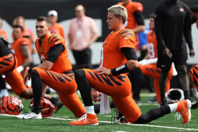 CINCINNATI, OHIO - 08 DE SETEMBRO: Joe Burrow # 9 do Cincinnati Bengals se aquece antes do jogo contra o New England Patriots no Paycor Stadium em 08 de setembro de 2024 em Cincinnati, Ohio. 