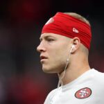 LAS VEGAS, NEVADA - 11 DE FEVEREIRO: Christian McCaffrey # 23 do San Francisco 49ers se aquece antes do Super Bowl LVIII contra o Kansas City Chiefs no Allegiant Stadium em 11 de fevereiro de 2024 em Las Vegas, Nevada.