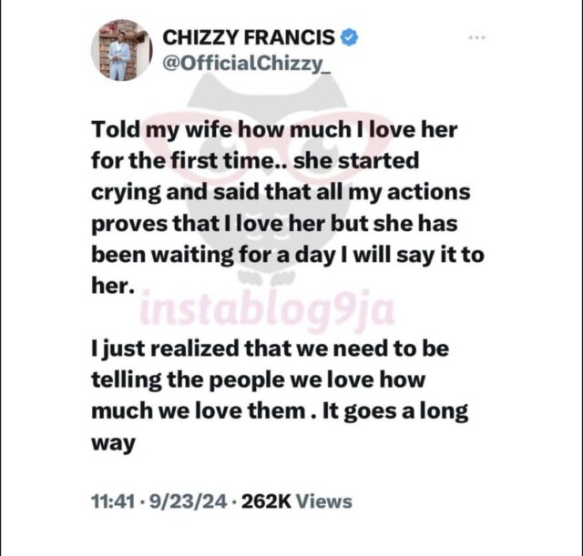 Chizzy declara amor por sua esposa.