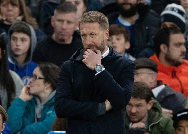 O ex-técnico do Chelsea Graham Potter durante a partida da Premier League entre Chelsea FC e Aston Villa em Stamford Bridge em 01 de abril de 2023 em Londres, Inglaterra