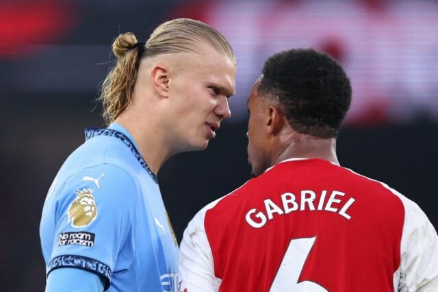 Erling Haaland, estrela do Man City, e Gabriel Magalhães, do Arsenal 