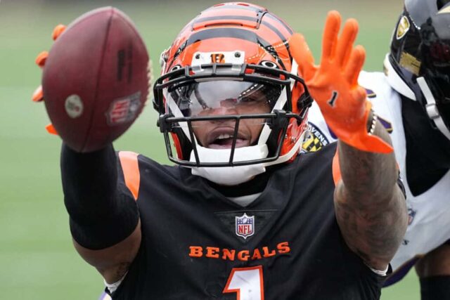 CINCINNATI, OHIO - 08 DE JANEIRO: Ja'Marr Chase # 1 do Cincinnati Bengals comemora depois de fazer uma recepção durante o terceiro quarto contra o Baltimore Ravens no Paycor Stadium em 08 de janeiro de 2023 em Cincinnati, Ohio