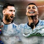 Uma colagem dos jogadores de futebol Lionel Messi e Christiano Ronaldo