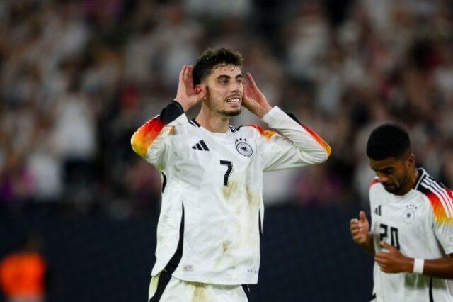 Kai Havertz, da Alemanha, comemora depois de marcar o quinto gol de seu time durante a partida do Grupo A3 da Liga A da UEFA Nations League 2024/25 entre Alemanha e Hungria, na Merkur Spiel-Arena, em 7 de setembro de 2024, em Duesseldorf, Alemanha. (Foto de Marvin Ibo Guengoer - GES Sportfoto/Getty Images)