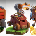 Siege Machines, Wall Wrecker, Flame Flinger e Battle Blimp em frente a um fundo branco em Clash of Clans