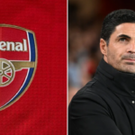 O emblema do Arsenal e o técnico do Arsenal, Mikel Arteta