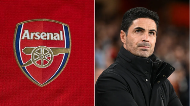 O emblema do Arsenal e o técnico do Arsenal, Mikel Arteta