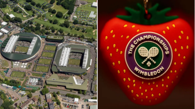 Vista aérea esquerda das quadras de Wimbledon, direita - logotipo de Wimbledon contra um motivo de morango