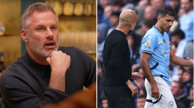 Jamie Carragher ao lado de uma imagem de Pep Guardiola e Rodri