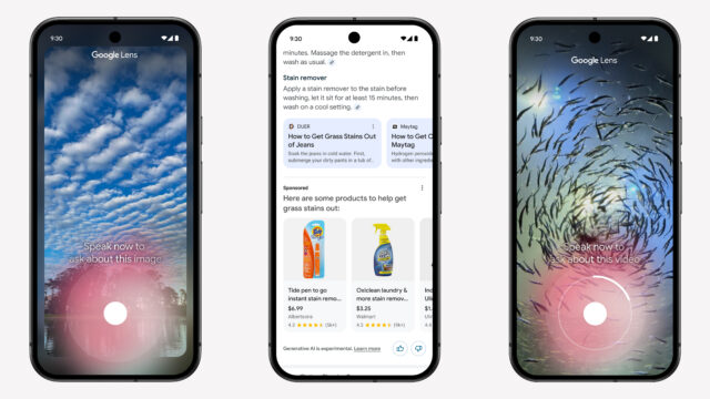 Três capturas de tela de telefones Android, mostrando a pesquisa por voz do Lens, anúncios em visões gerais de IA e pesquisa de vídeo do Lens.