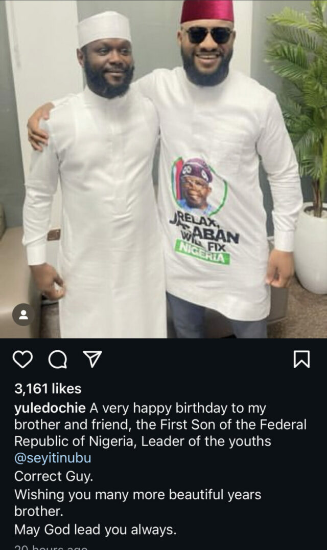 Yul Edochie comemora o aniversário de Seyi Tinubu.